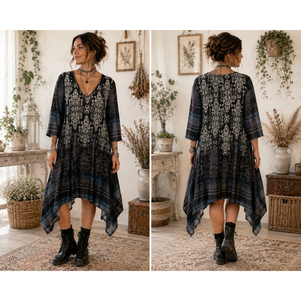 Boho Whimsigoth Fairygrunge Black Grey Blue Slinky Plaid Sharkbite Hem L Dress